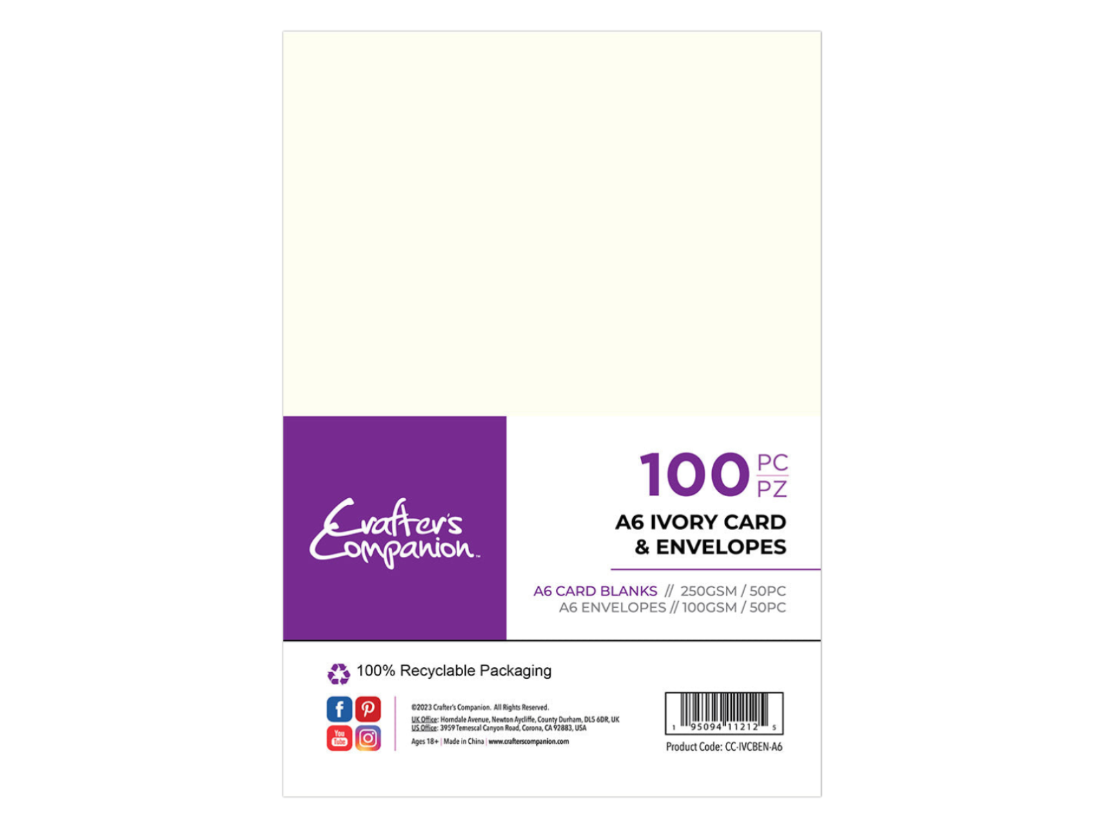 Crafters Companion  - A6 Ivory Card & Envelopes 100pc