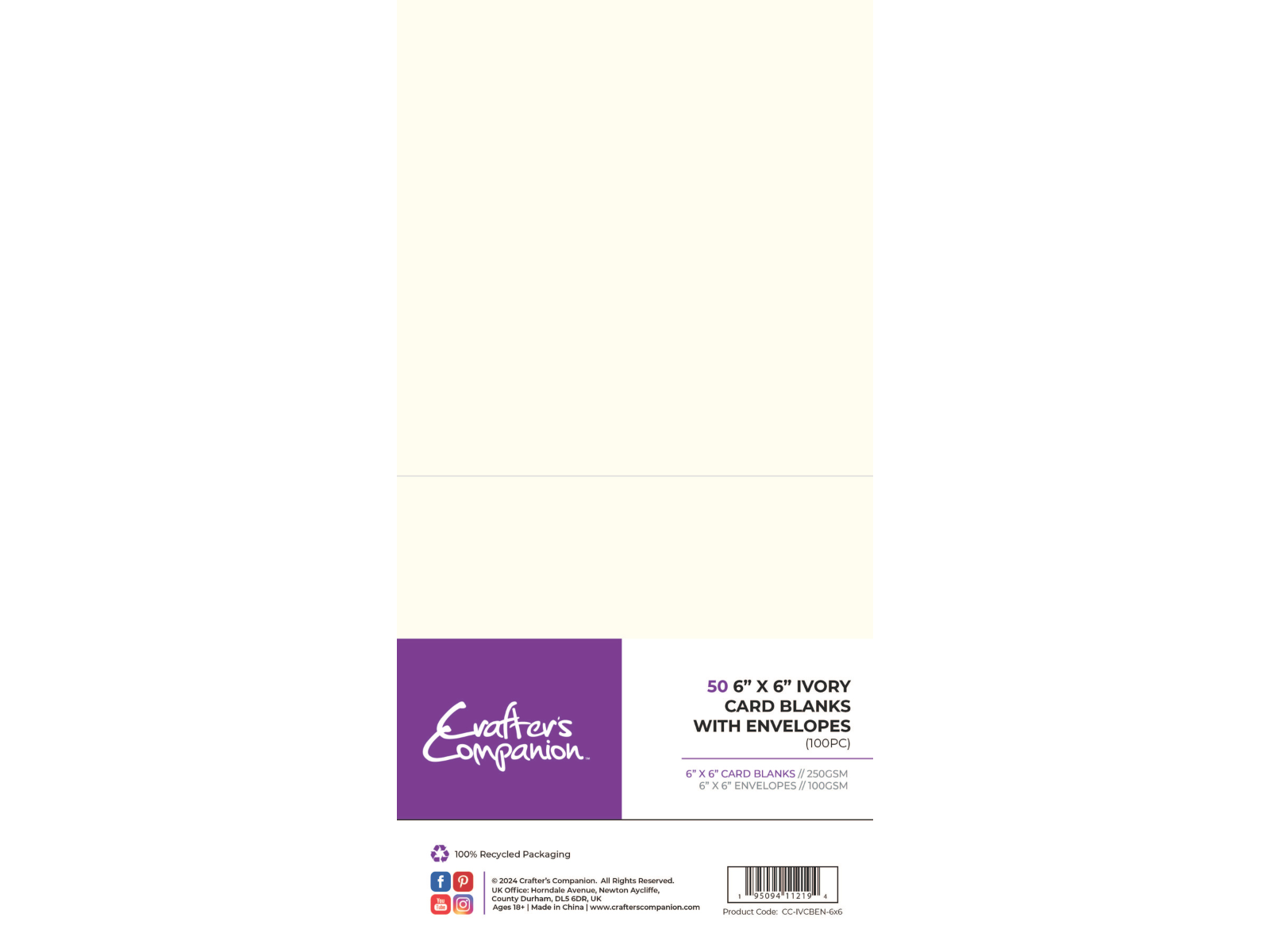 Crafter's Companion 6" x 6" Ivory Card & Envelopes - 100 Pack