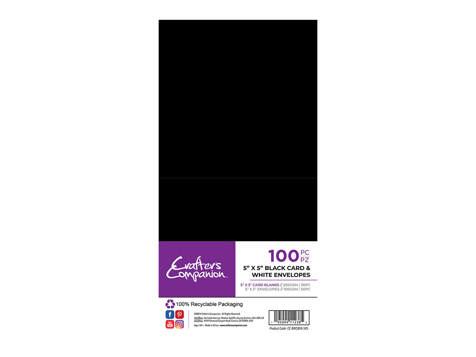 Crafter's Companion 5" x 5" Black Card & White Envelopes - 100 Pack